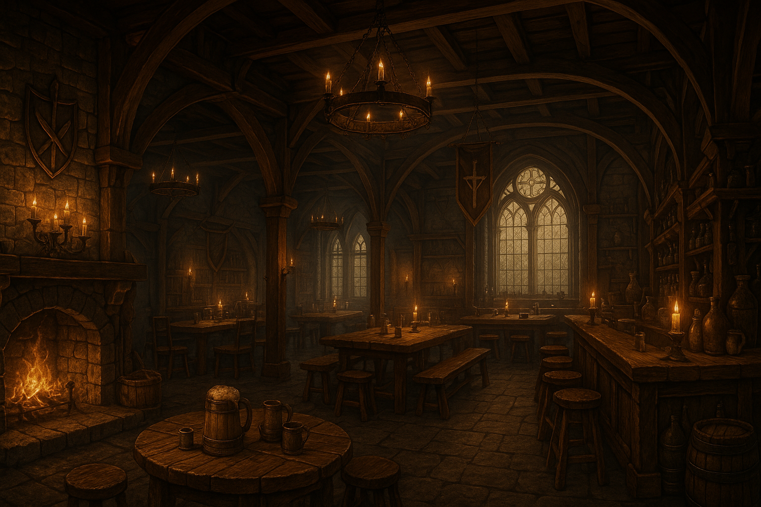 A warm, inviting medieval fantasy tavern interior with flickering candlelight, stone arches, and wooden tables